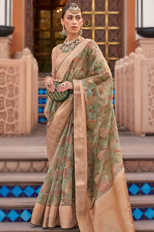 Sage Green Organza Broad Border Printed Saree 
