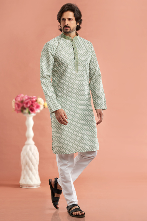 Sage Green Printed Cotton Men's Kurta Pajama For Mehndi 