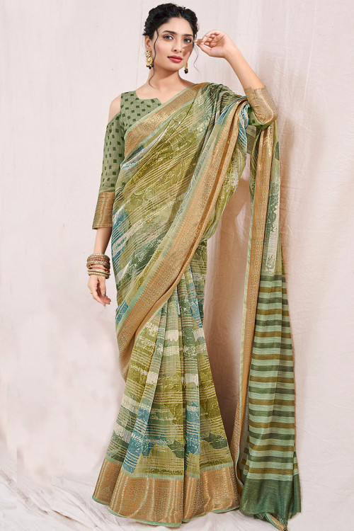 Shop Cream Printed Linen Saree Online in USA with Check Border – Pure  Elegance