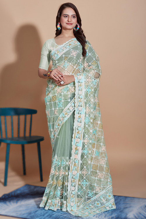 Sage Green Resham Thread Embroidered Net Saree For Mehndi
