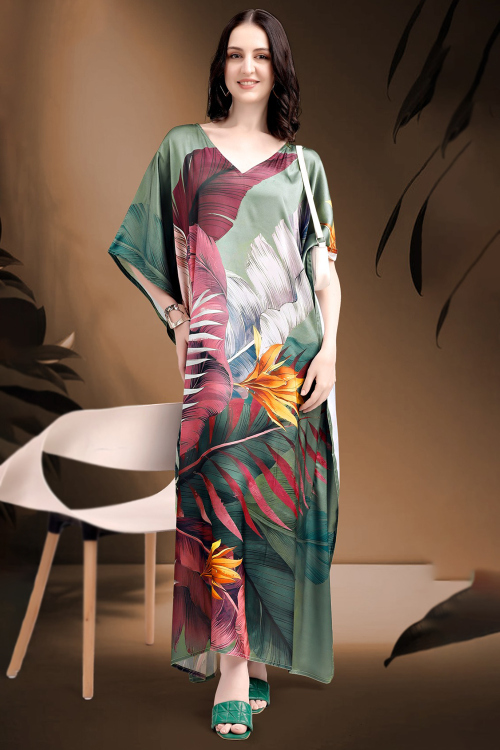 Sage Green Satin Kaftan With Printed Work