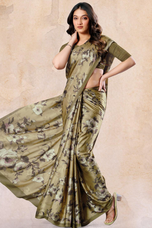 Sage Green Satin Saree With Printed Work For Casual Wear