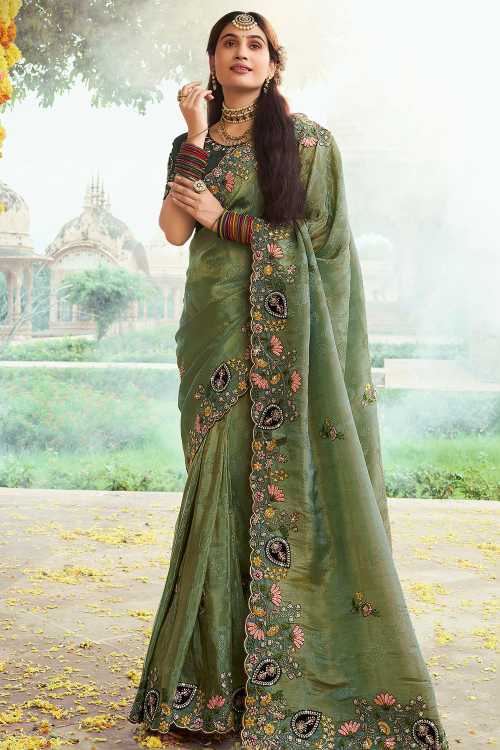 Sage Green Silk Blend Saree with Zari Work For Diwali