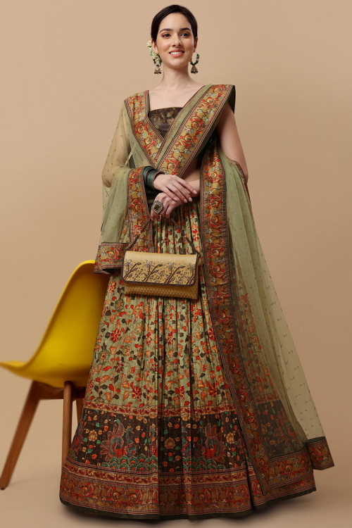 Sage Green Silk Printed Lehenga