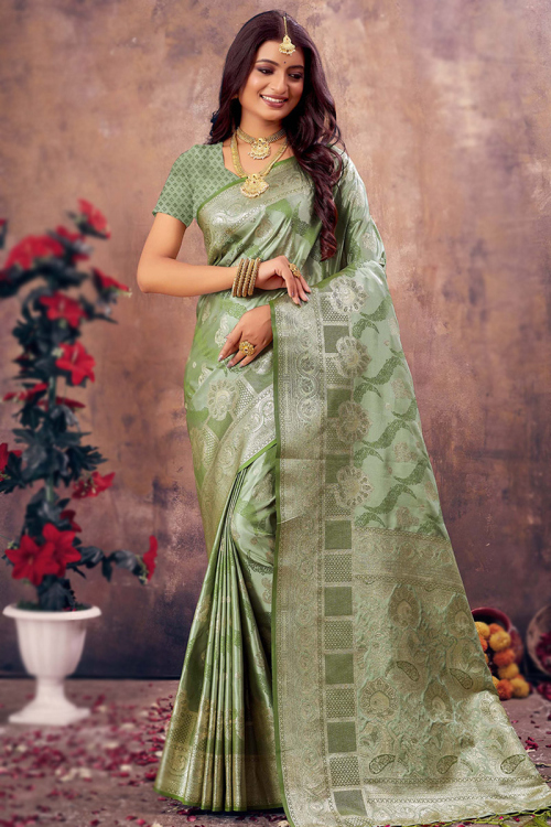 Sage Green Silk Woven Zari Banarasi Saree