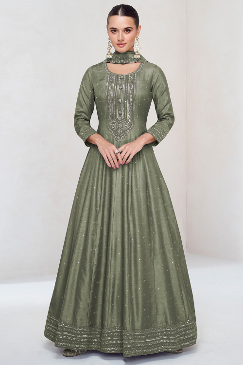 Sage Green Soft Silk Embroidered A Line Anarkali Suit