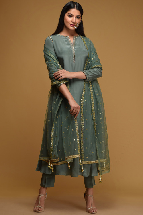 Dusty Green Soft Silk Festive Wear Anarkali Salwar Kameez