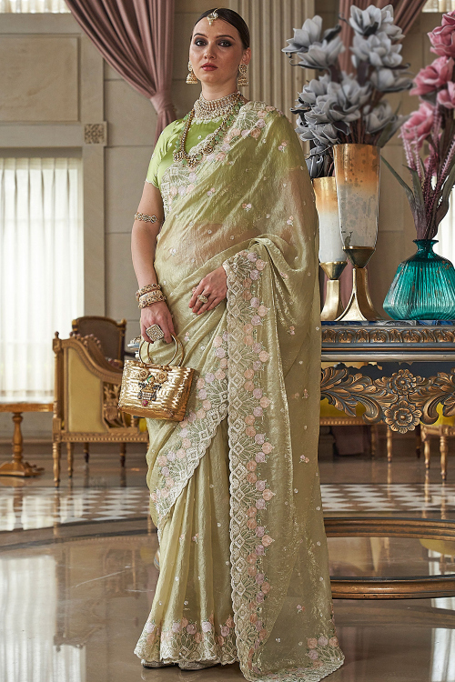 Sage Green Tissue Saree with Zari Work for Mehndi 