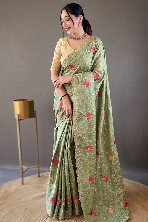 Sage Green Tussar Silk Embroidered Saree For Mehndi 