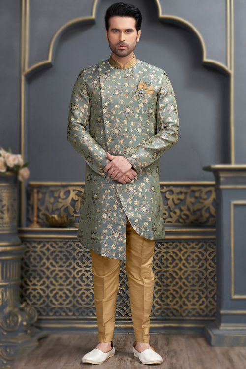 Sage Green Weaved Jacquard Asymmetric Men's Sherwani 
