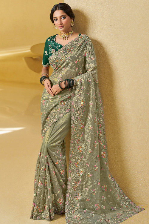 Sage Green Zari Embroidered Tissue Wedding Wear Saree 