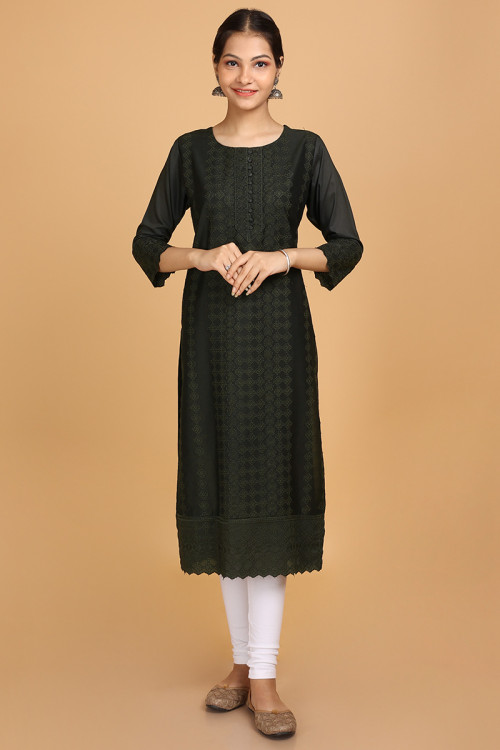 Buy Chikankari Vert Embroidered Plus Size Kurtis Online for Women in France