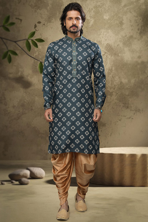 Salamander Green Cotton Men's Kurta With Dhoti Pants