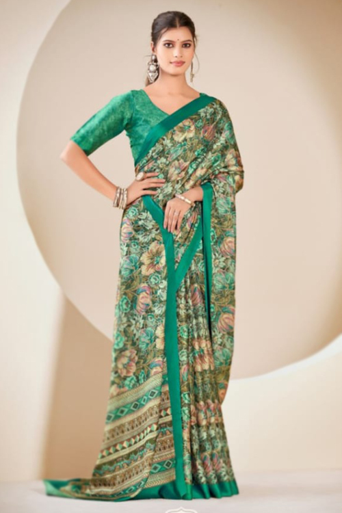 Salamander Green Satin Saree With Printed Work For Festival