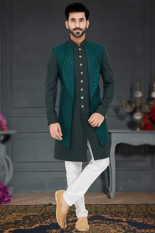 Salamander Green Silk Embroidered Men's Jacket Style Sherwani