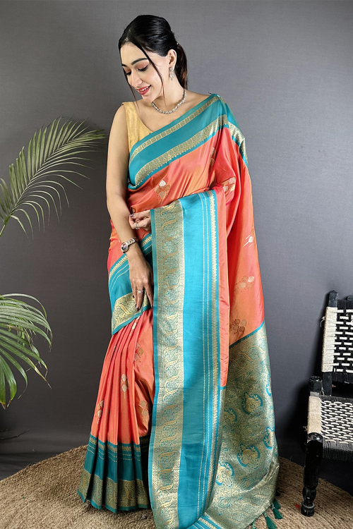 Salmon Orange Art Silk Weaved Broad Border Saree 
