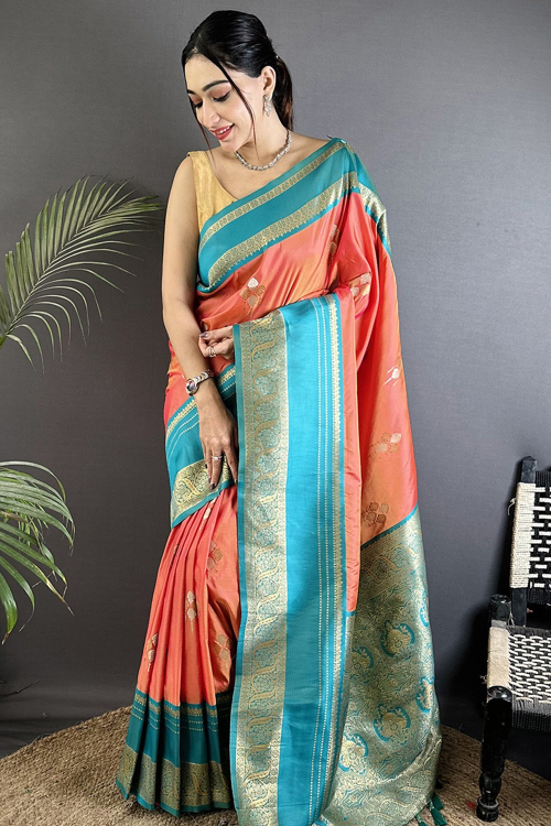 Salmon Orange Art Silk Weaved Broad Border Saree 