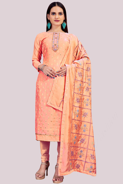 Chanderi Churidar Suit with Zari Work in Salmon Orange for Party 