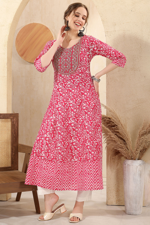 Salmon Orange Cotton Kurti With Zari Work For Festive