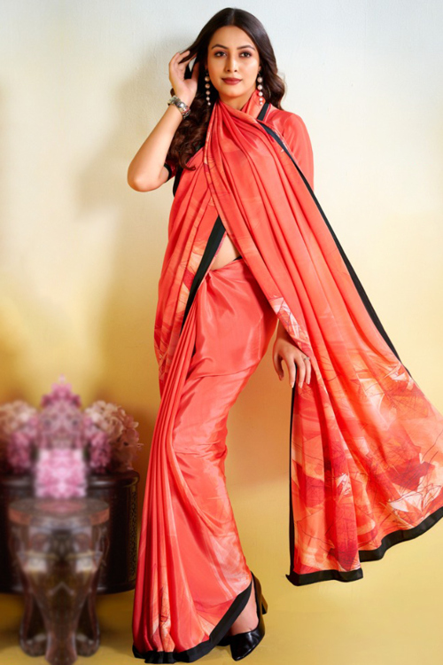 Salmon Orange Crepe Saree For Casual Wear With Printed Work