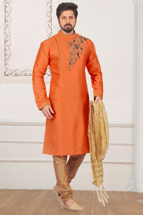 Salmon Orange Dupion Silk Men's Kurta Churidar With Zari Work