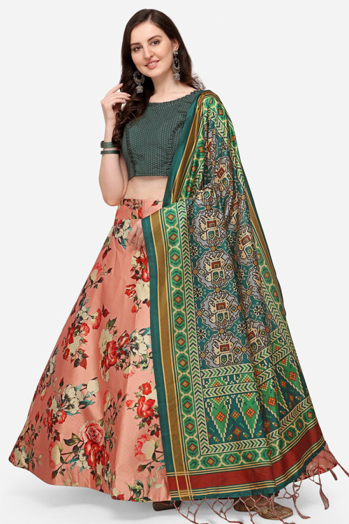 Salmon Orange Floral Print Silk A Line Style Lehenga 