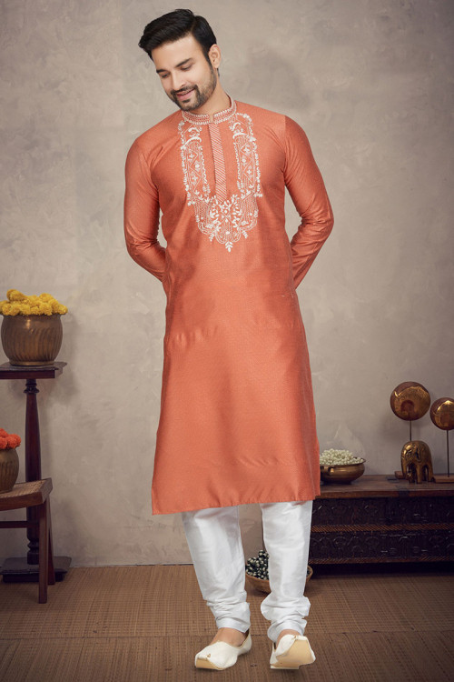 Salmon Orange Jacquard Weaved Thread Men's Kurta With Churidar