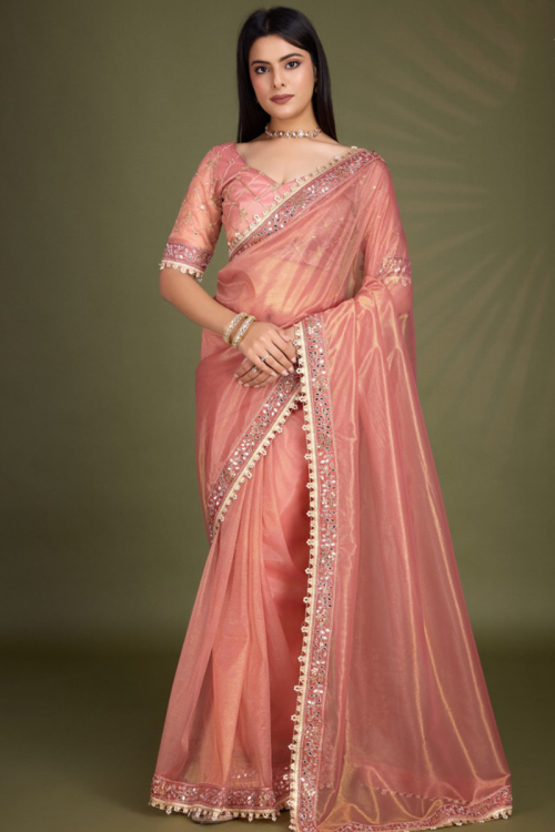 Salmon Orange Lace Embroidered Tissue Saree For Sangeet
