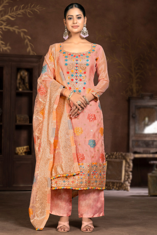 Salmon Orange Organza Straight Cut Weaved Palazzo Suit