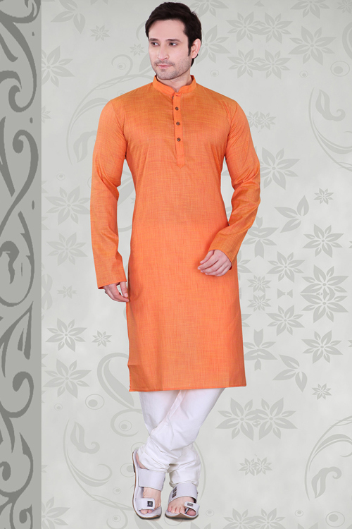 Salmon Orange Plain Poly Cotton Straight Cut Men's Kurta Churidar