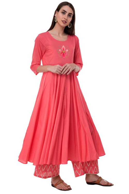 Salmon Orange Rayon Embroidered Ready Made Anarkali Style Suit