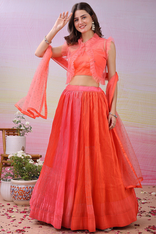 Salmon Orange Satin Silk Flared Lehenga With Printed Work