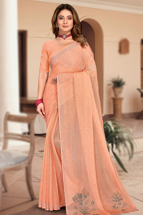 Salmon Orange Shimmer Chiffon Embroidered Light Weight Saree