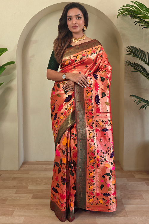 Salmon Orange Silk Blend Weaved Paithani Saree