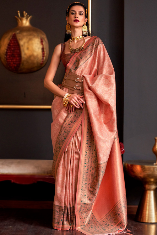 Salmon Orange Silk Woven Zari Banarasi Style Saree