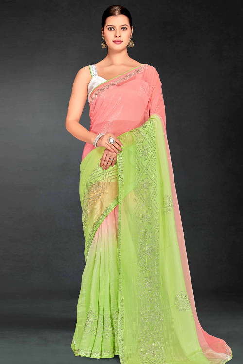 Salmon Orange Tissue Saree With Printed Work For Festival