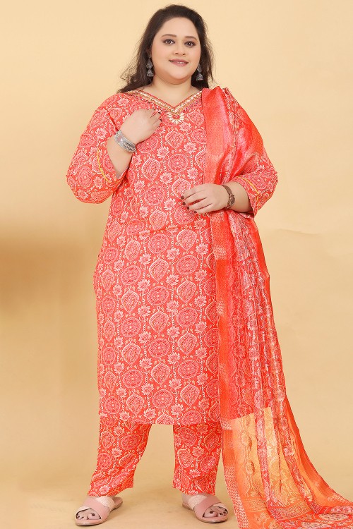 Salmon Orange Viscose Printed Ready Made Straight Cut Trouser Suit