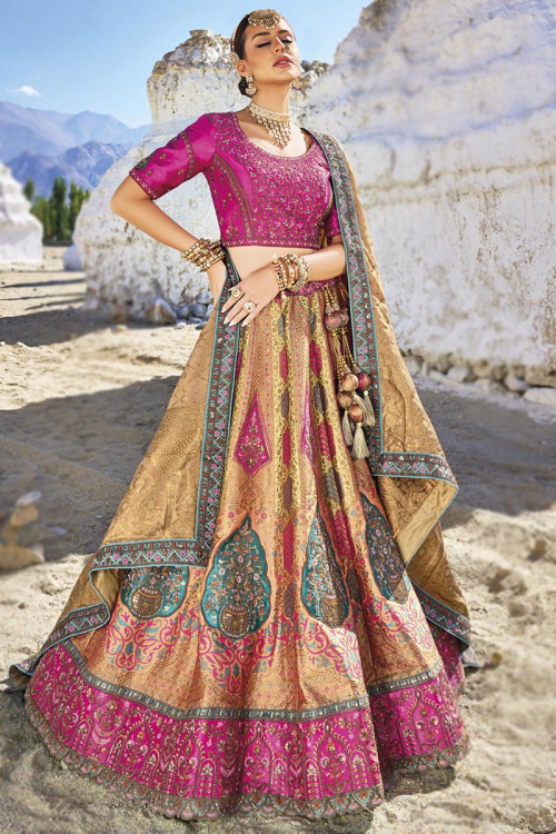Salmon Orange Woven Zari Silk Panelled Style Lehenga