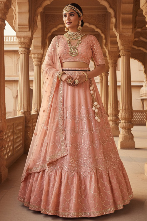 Salmon Peach A Line Mirror Art Silk Lehenga