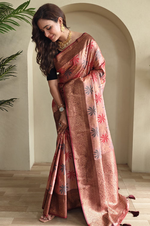 Salmon Peach Art Silk Broad Border Saree With Weaved Work