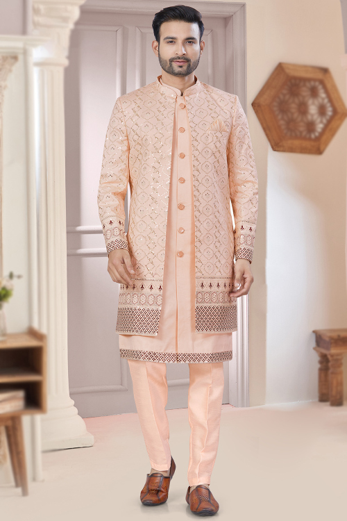 Salmon Peach Art Silk Sherwani With Embroidered Jacket For Weddings
