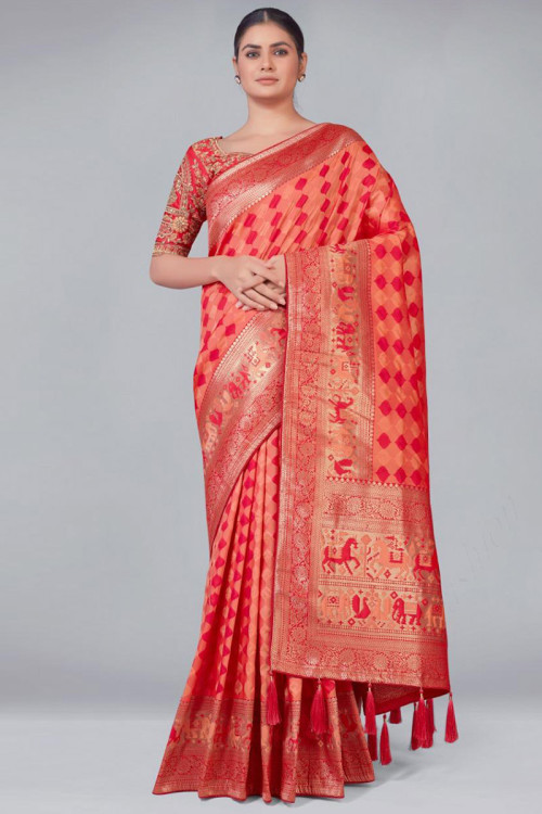 Buy Peach Banarasi Silk Indian Wedding Saree Online - SARV05923