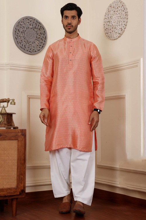 Salmon Peach Brocade Weaved Straight Cut Men's Kurta Salwar