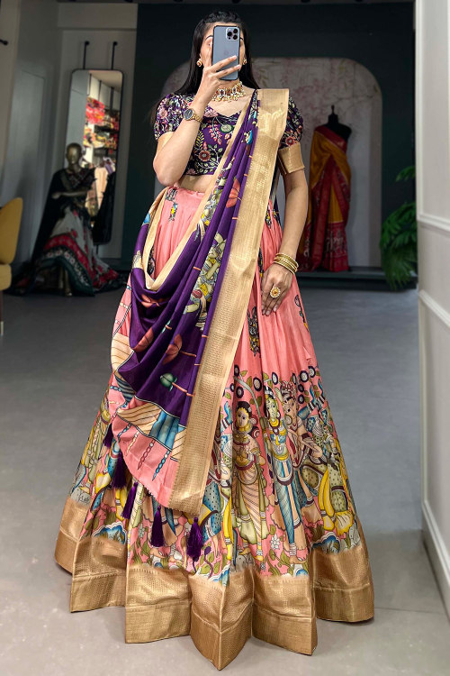 Salmon Peach Chinnon Lehenga with Peinted Work for Diwali 