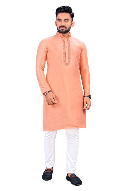 Salmon Peach Cotton Dori Embroidered Straight Cut Men's Kurta
