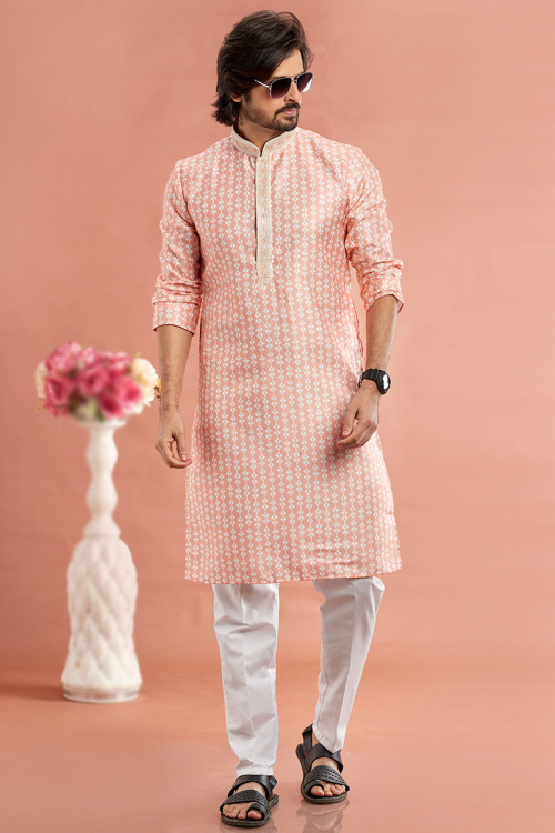Salmon Peach Cotton Printed Men's Kurta Pajama for Wedding & Party