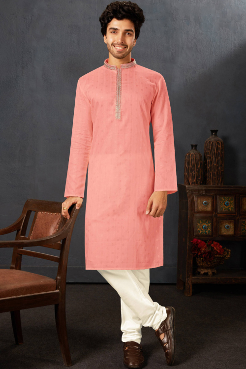 Salmon Peach Cotton Straight Cut Men's Kurta Pajama