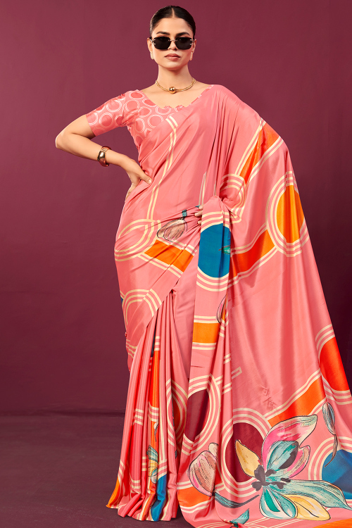 Salmon Peach Crepe Light Weight Saree With Printed Work