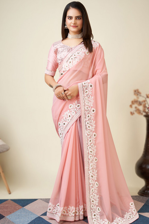 Salmon Peach Embroidered Light Weight Georgette Saree