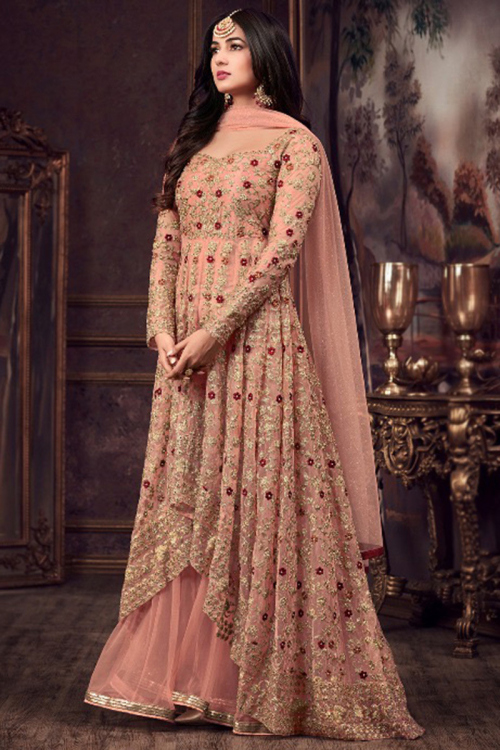 Salmon Peach Embroidered Net High And Low Anarkali Suit 